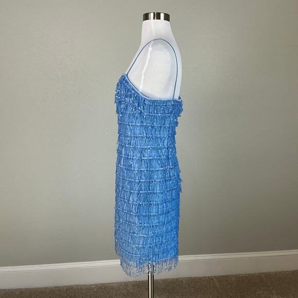 Aidan Mattox Sequined Fringe Mini Sheath Cocktail Dress Blue Size 6 Sleeveless - Picture 5 of 14